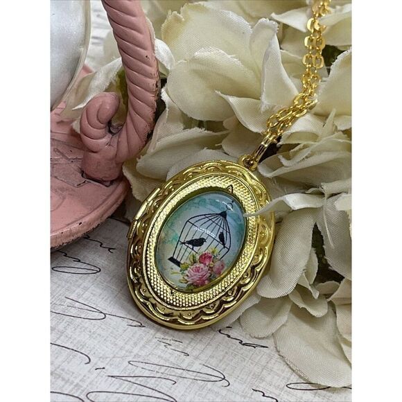 Bright Gold Bird Cage Victorian Locket Necklace Pendant Wedding Mother's day - Picture 2 of 15